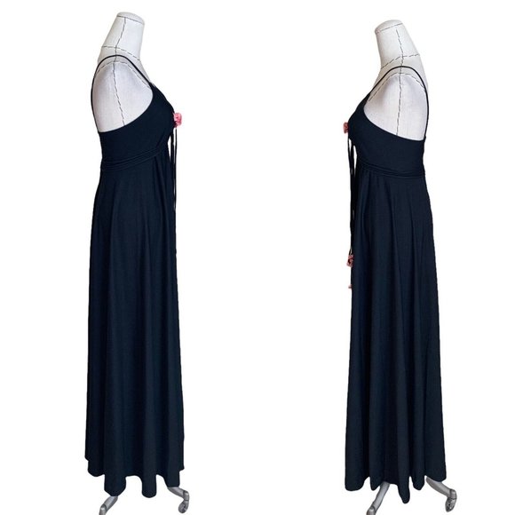 Vintage 70s Black Maxi Dress Poly With Rose Ties Groovy Hippie Hippy Boho - Picture 8 of 12